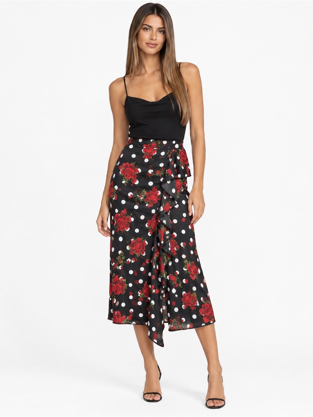 Zara Black Polka Dot Red Rose Ruffle Midi Skirt Size M